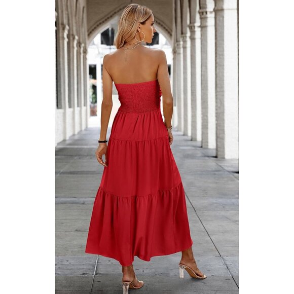 Women's Summer Strapless Maxi Dress Lightweight Off Shoulder Smocked Casual - Picture 8 of 8